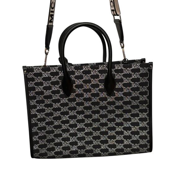 Michael Kors Jet Set Large Tote Bag Black MK Logo Sparkle Shoulder Purse - Picture 2 of 7